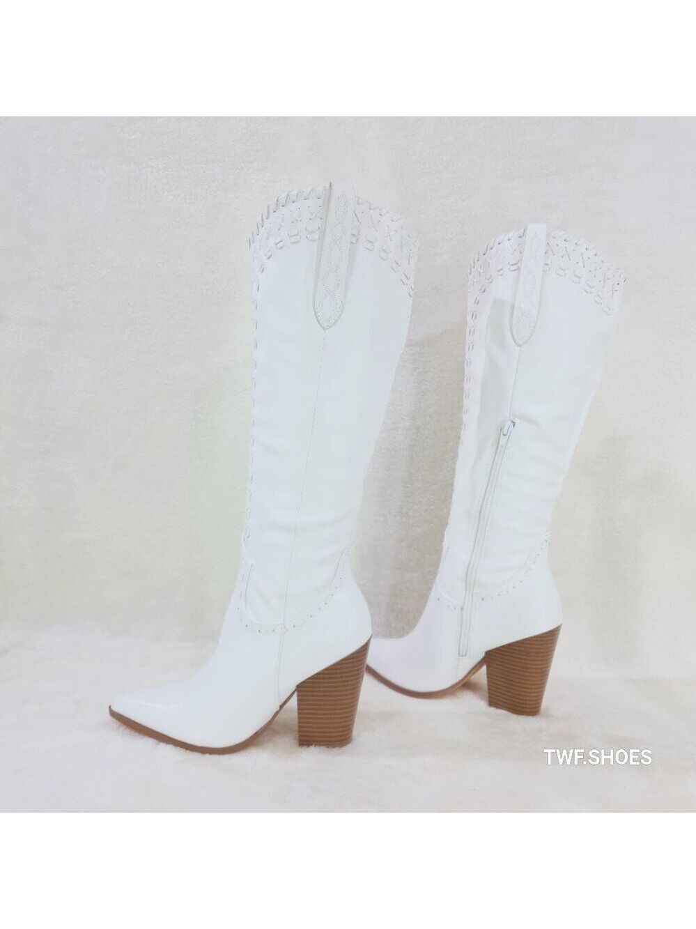 Weaver White Matte Western Knee High Cowgirl Boots Weave Design